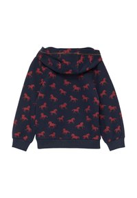 Felpa con cappuccio blu navy con silhouette di cavalli rossi. Presenta polsini e vita a coste. Materiale morbido con una vestibilità rilassata.