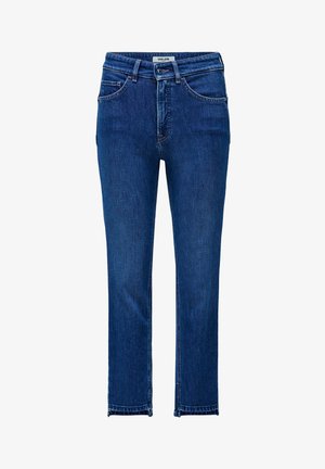 Jean en denim bleu foncé, coupe droite avec une taille mi-haute. Présente des poches avant et arrière, ainsi qu'une finition brute au niveau de la cheville.