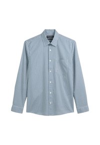Long-sleeve shirt in light blue with navy geometric pattern. Button-down collar, single pocket, and soft cotton fabric.