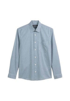 Lange mouw overhemd in lichtblauw met marineblauw geometrisch patroon. Knopdown kraag, één zak en zachte katoen stof.