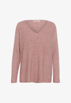 Cardigan rosa chiaro realizzato in tessuto a coste, con scollatura a V, maniche lunghe e sei bottoni coordinati sul davanti.