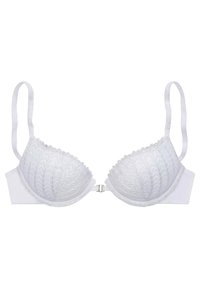 White lace bra with molded cups, featuring a chevron pattern, adjustable straps, and a front closure. Soft fabric with delicate trim.
