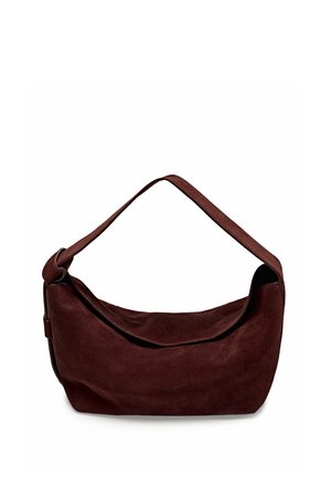 Soft dark brown suede shoulder bag with a single wide strap and a curved, slouchy body against a white background.