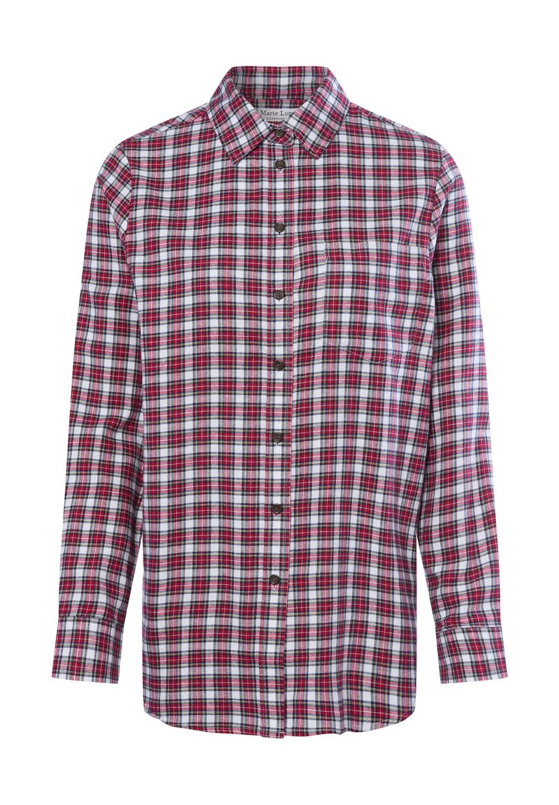 Camicetta a maniche lunghe rosso e bianco a scacchi con colletto button-down, chiusura frontale con bottoni e una tasca sul petto.
