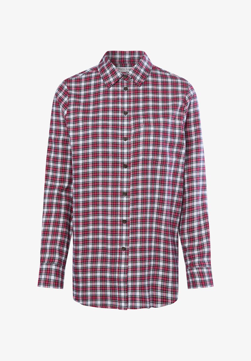 Red and white checkered long-sleeve shirt featuring a button-down collar, front button closure, and a single chest pocket.