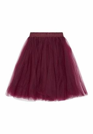 Jupe en tulle bordeaux avec taille élastique froncée, longueur genou et superposée pour plus de volume.