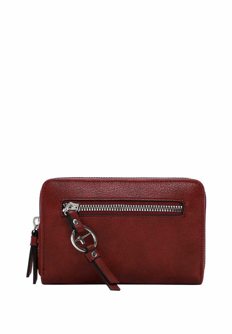 Red leather wallet with a textured surface, featuring a front zipper pocket, silver hardware, and a leather strap with a circular accent.