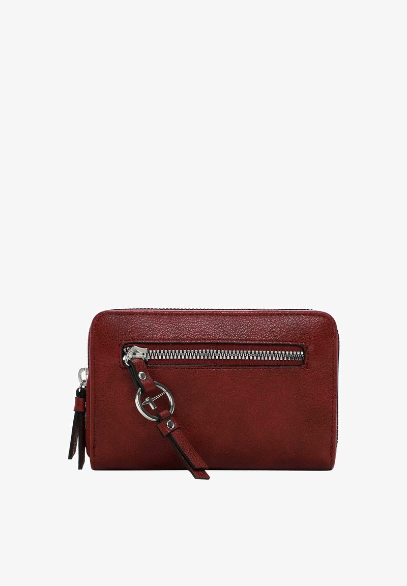 Red leather wallet with a textured surface, featuring a front zipper pocket, silver hardware, and a leather strap with a circular accent.