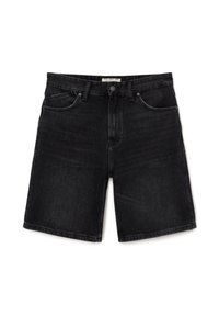 Shorts en denim noir à coupe droite, avec cinq poches et fermeture par un seul bouton. Présente un léger effet délavé et des détails de surpiqûres.