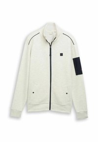 Lichtgrijze zip-up sweatshirt van gemêleerd stof, met zwarte accenten, zijzakken en een opstaande kraag. Bevat een logo op de borst.