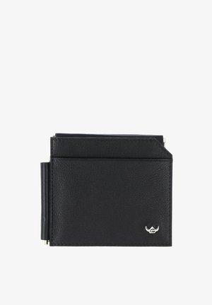 Black leather bi-fold wallet with a front pocket, a small silver logo featuring stylized wings, and a metal money clip on the side.