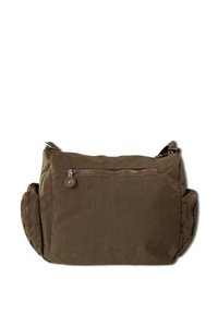 Bruine canvas schoudertas met een rits hoofdvak en een voorvak. Voorzien van twee zijzakken en een stevige schouderriem.