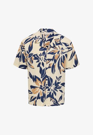 Camisa de manga corta con un fondo crema y llamativos patrones florales en azul y marrón, y un cierre de botones en la parte delantera con cuello tipo notch.