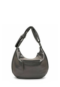 Sac hobo en cuir noir avec une forme courbée, une sangle nouée et une poche zippée à l'avant. Texture lisse avec une finition brillante.