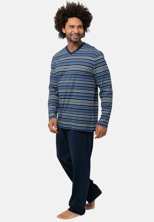 Heren lounge-set met een marineblauwe en lichtblauwe gestreepte langslijf V-hals top en effen marineblauwe broek. Zachte stof met een ontspannen pasvorm.
