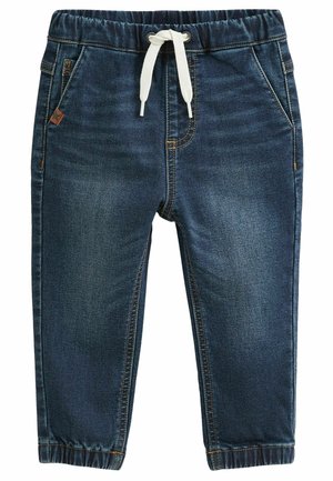 Mørkeblå børne denim joggebukser med elastisk talje, hvid snøre, sidelommer og elastiske manchetter ved anklerne.