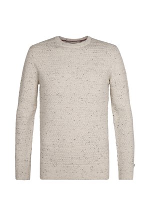 Hellbeige gestrickter Pullover mit strukturiertem Muster, langen Ärmeln und Rundhals. Subtile Sprenkel in dunklerer Farbe heben den Stoff hervor.