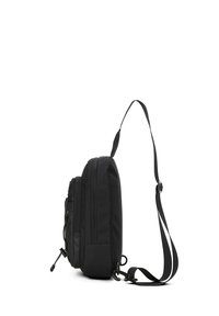 Borsa a tracolla nera con un design elegante e minimale; scomparto anteriore con zip, tracolla regolabile e materiale testurizzato.