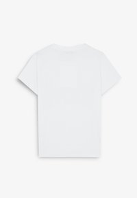 T-shirt bianco a maniche corte con scollo rotondo esposto in piano, mostrando il lato posteriore senza loghi o disegni visibili.