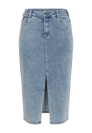 Ljusblå denimkjol i knälängd med en framslits, typisk femfickdesign och midja med knapp och dragkedjestängning.