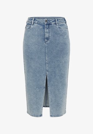 Džínová sukně světle modré barvy, po kolena, s předním rozparkem, typický design s pěti kapsami a pasem se zapínáním na knoflík a zip.