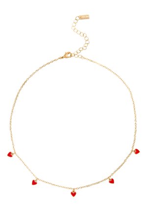 Gold chain necklace with five small red heart-shaped charms evenly spaced along the chain and an adjustable clasp closure.