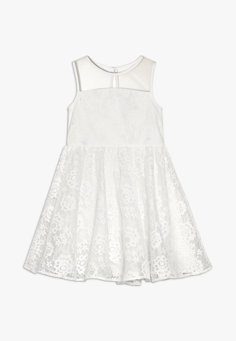 Vit spetsklänning med ärmlös design, texturerat tyg med blommönster och en enfärgad överdel. Kjol med vidd och foder.