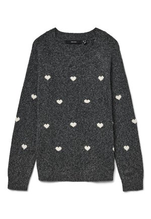 Pull gris à col rond et manches longues, avec un motif répété de petits cœurs blancs sur toute la surface. Tissu à la texture douce.