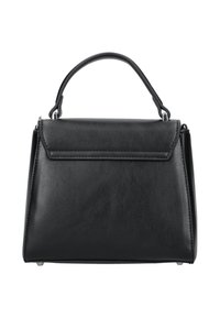Borsa a tracolla in pelle nera con manico superiore, forma trapezoidale strutturata e chiusura a pattina, mostrata su uno sfondo bianco.