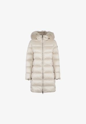 Padded kremowy płaszcz z odpinanym futrzanym kapturem, centralnym zamkiem błyskawicznym i bocznymi kieszeniami. Posiada pikowany wzór z równomiernym przeszyciem.