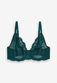 Teal spetsbehå med genomskinligt tyg, scalloped kanter och blommönster; justerbara axelband; hysk-och-ögla stängning bak.
