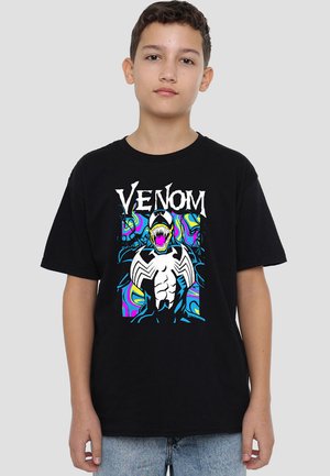 Black t-shirt featuring a graphic of Venom with vibrant colors, showcasing bold lines and a monstrous design. Short sleeves and loose fit.