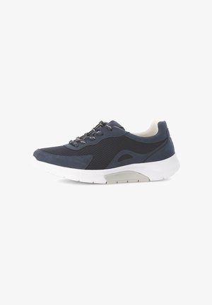Navy athletic sneakers featuring a mix of mesh and smooth materials, white rubber sole, contrasting accents, and standard lace-up design.