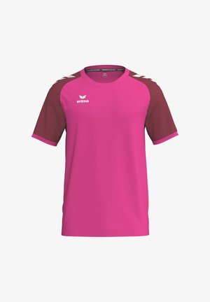 Pinkes Sportshirt mit dunkelroten Raglanärmeln, Rundhalsausschnitt und weißem „erima“-Logo auf Brust und Schultern.