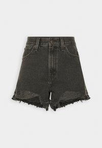 Shorts de mezclilla negros con cintura alta, dobladillo deshilachado y detalles desgastados. Presenta un diseño clásico de cinco bolsillos y cierre frontal con botón.