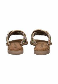 Korálkové sandály s béžovými popruhy, zdobené barevnými detaily na svršku. Rovné podrážky s měkkou a texturovanou vložkou.