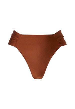 Bikinitruse med høy midje i skinnende rustbrunt stoff med rynkede sider og en sømløs, glatt finish.