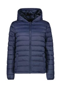 Marineblauwe pufferjack met een rits aan de voorkant, capuchon en gequilt ontwerp. Kenmerkt zich door een soepel textuur en elastische boorden.