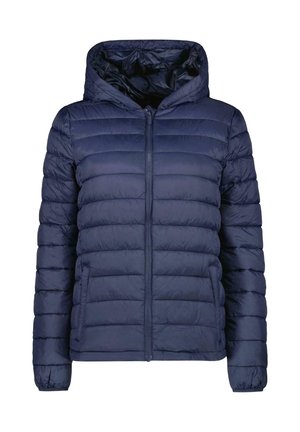 Marineblauwe pufferjack met een rits aan de voorkant, capuchon en gequilt ontwerp. Kenmerkt zich door een soepel textuur en elastische boorden.