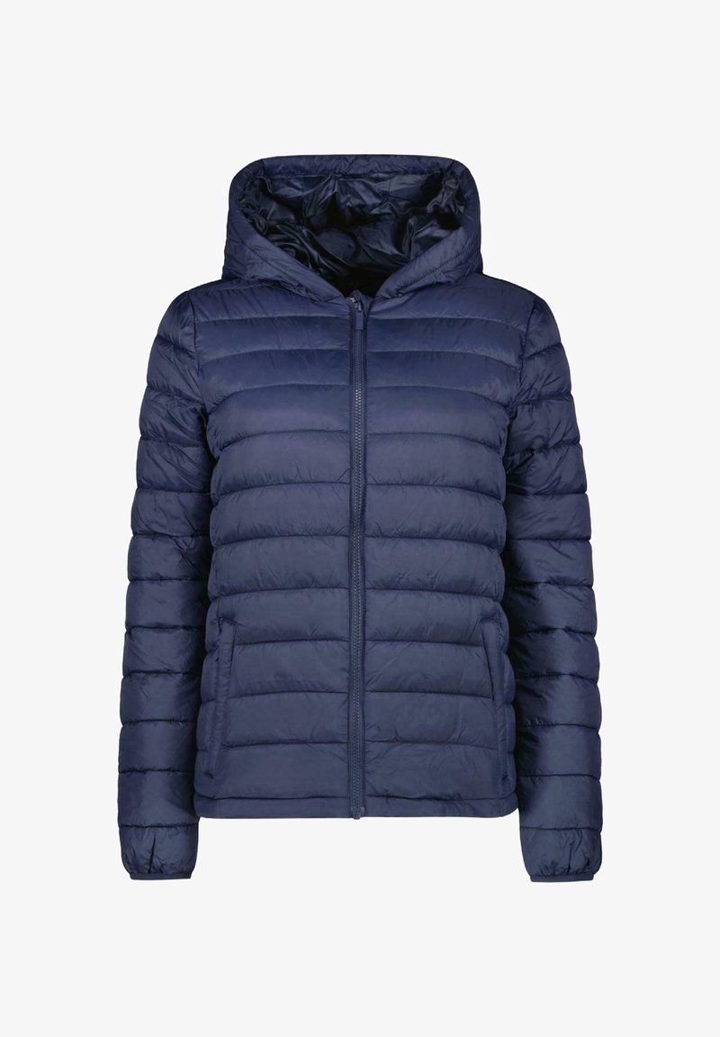 Veste matelassée marine avec fermeture éclair devant, capuche et design matelassé. Elle présente une texture lisse et des bords élastiques.