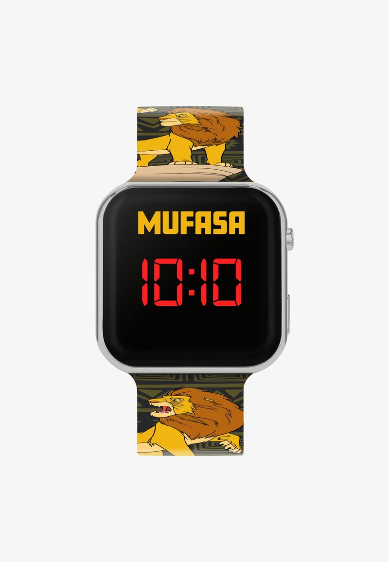 Montre numérique avec un cadran noir, affichage numérique en rouge, boîtier en argent et un bracelet à motif représentant un lion avec le nom "MUFASA."