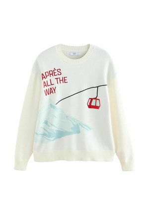 Pull blanc avec texte rouge « APRÈS ALL THE WAY », un téléphérique rouge et un motif de montagne bleu clair sur le devant.