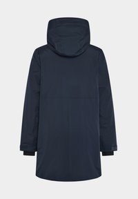 Marinblå vattentät parka med huva, med rak skärning, långa ärmar, elastiska muddar och en mjuk textur. Bakifrån visas minimal detaljering.