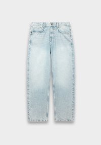 Helle blaue Denim-Jeans mit weitem Schnitt, geradem Bein, verblasster Textur, Fünf-Taschen-Design und Metallknopfverschluss am Bund.