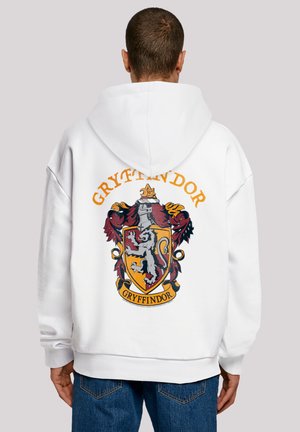 White hooded sweatshirt featuring a colorful Gryffindor crest with a lion, red and gold accents, and a smooth, textured fabric.