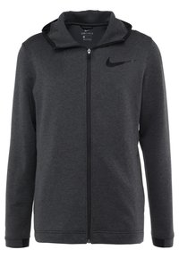 Sweat à capuche zippé gris foncé en tissu texturé. Doté d'une capuche et d'un logo Nike discret sur la poitrine. Inclut des poches avant et des poignets.