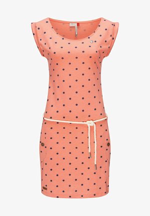 Koralröd klänning med marinblåa prickar, korta kap ärmar, rundad halsringning, snörmidja och sidofickor med träknappar.