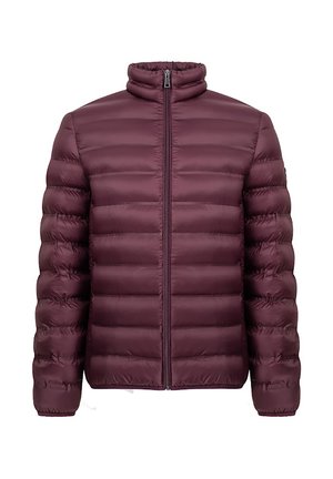 Burgundowa kurtka puchowa z wysokim kołnierzem i pionowym pikowaniem. Posiada pełny zamek z przodu oraz elastyczne mankiety dla dopasowanego wyglądu.