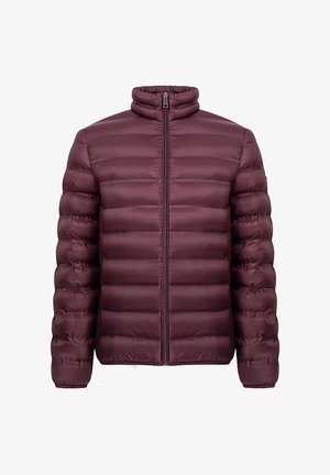 Burgundowa kurtka puchowa z wysokim kołnierzem i pionowym pikowaniem. Posiada pełny zamek z przodu oraz elastyczne mankiety dla dopasowanego wyglądu.