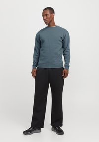 Hombre de pie vestido con un sudadera azul, pantalones anchos negros y zapatillas negras, mirando hacia un lado contra un fondo blanco.
